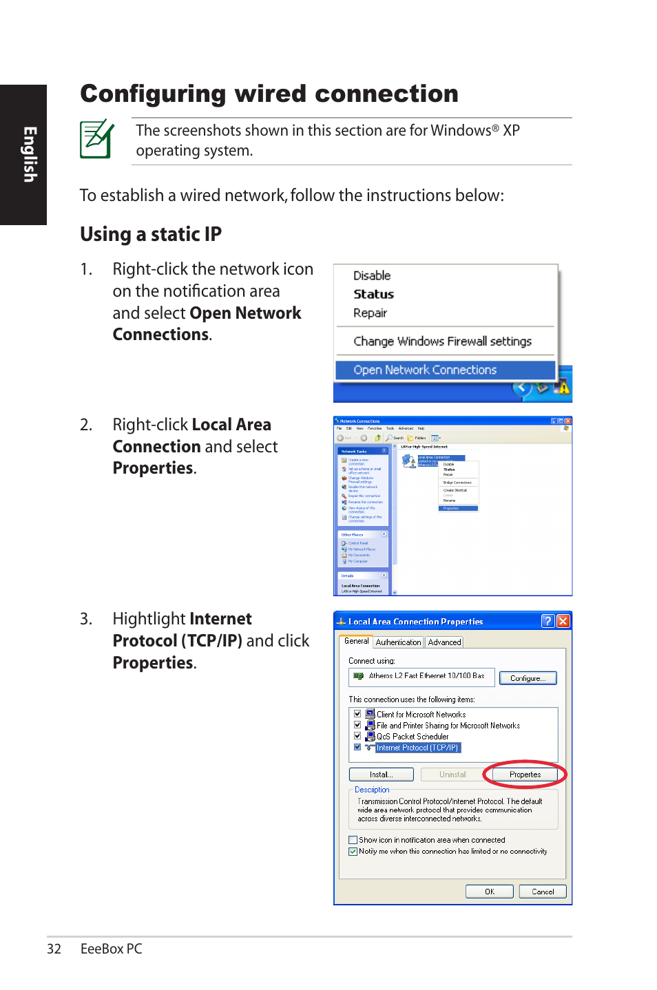 Configuring wired connection, Using a static ip | Asus EB1502 User Manual | Page 32 / 46