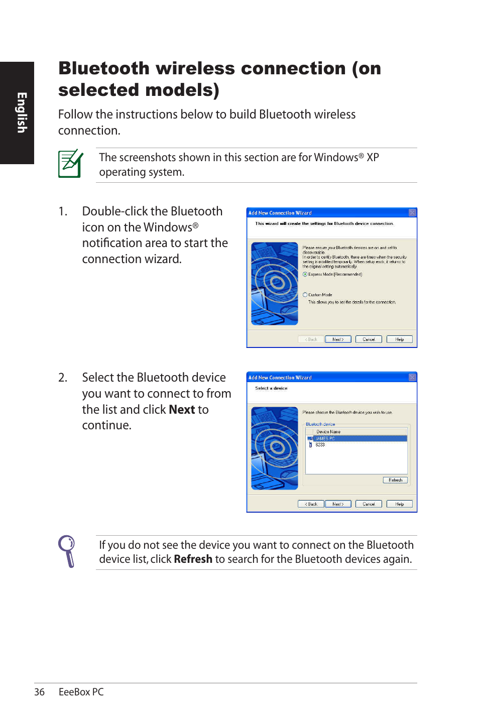 Bluetooth wireless connection (on selected models) | Asus EB1502 User Manual | Page 36 / 46