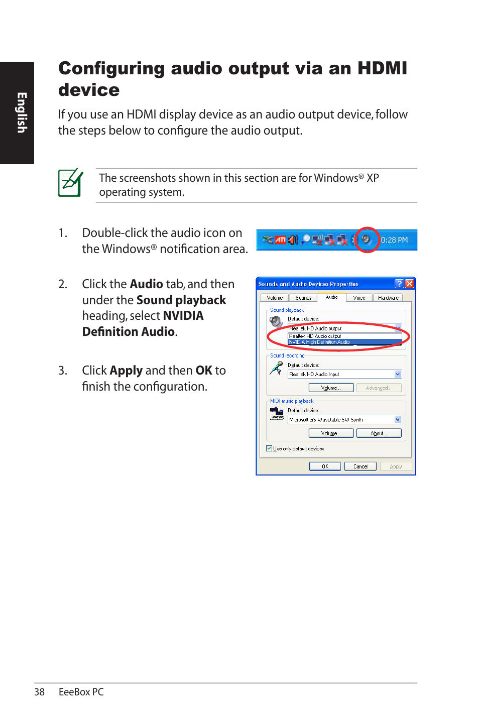 Configuring audio output via an hdmi device | Asus EB1502 User Manual | Page 38 / 46