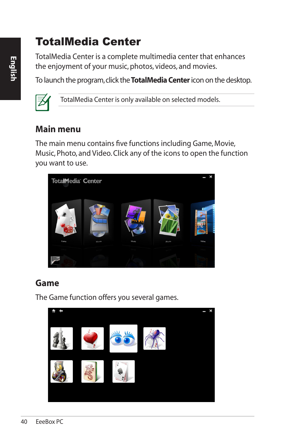 Totalmedia center, Main menu, Game | Main menu game | Asus EB1502 User Manual | Page 40 / 46