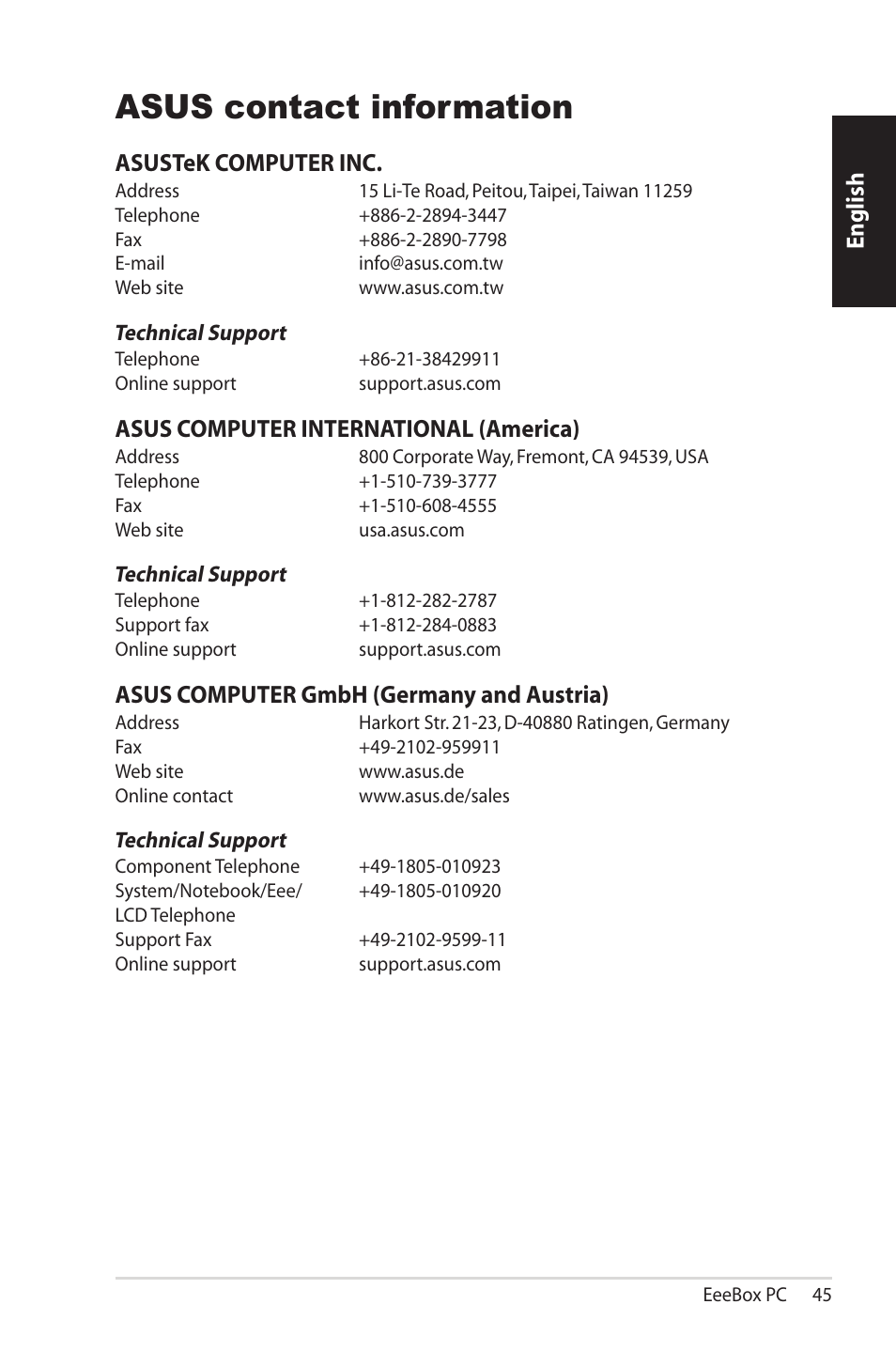 Asus contact information, English, Asustek computer inc | Asus computer international (america), Asus computer gmbh (germany and austria) | Asus EB1502 User Manual | Page 45 / 46