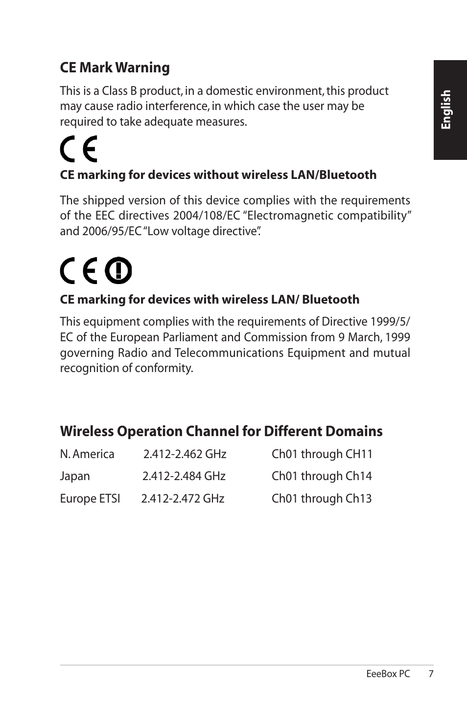 Wireless operation channel for different domains, Ce mark warning | Asus EB1502 User Manual | Page 7 / 46