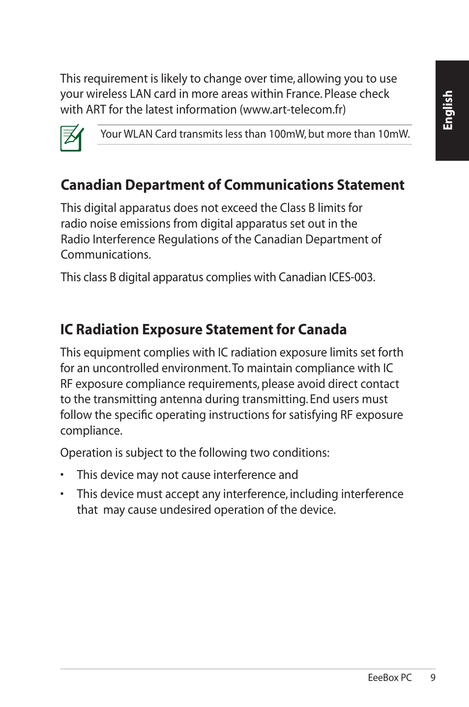 Canadian department of communications statement, Ic radiation exposure statement for canada | Asus EB1502 User Manual | Page 9 / 46