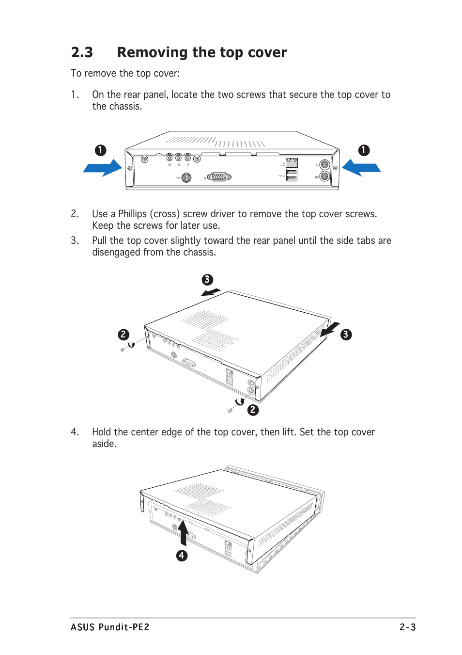 3 removing the top cover | Asus Pundit P2-PE2 User Manual | Page 19 / 72