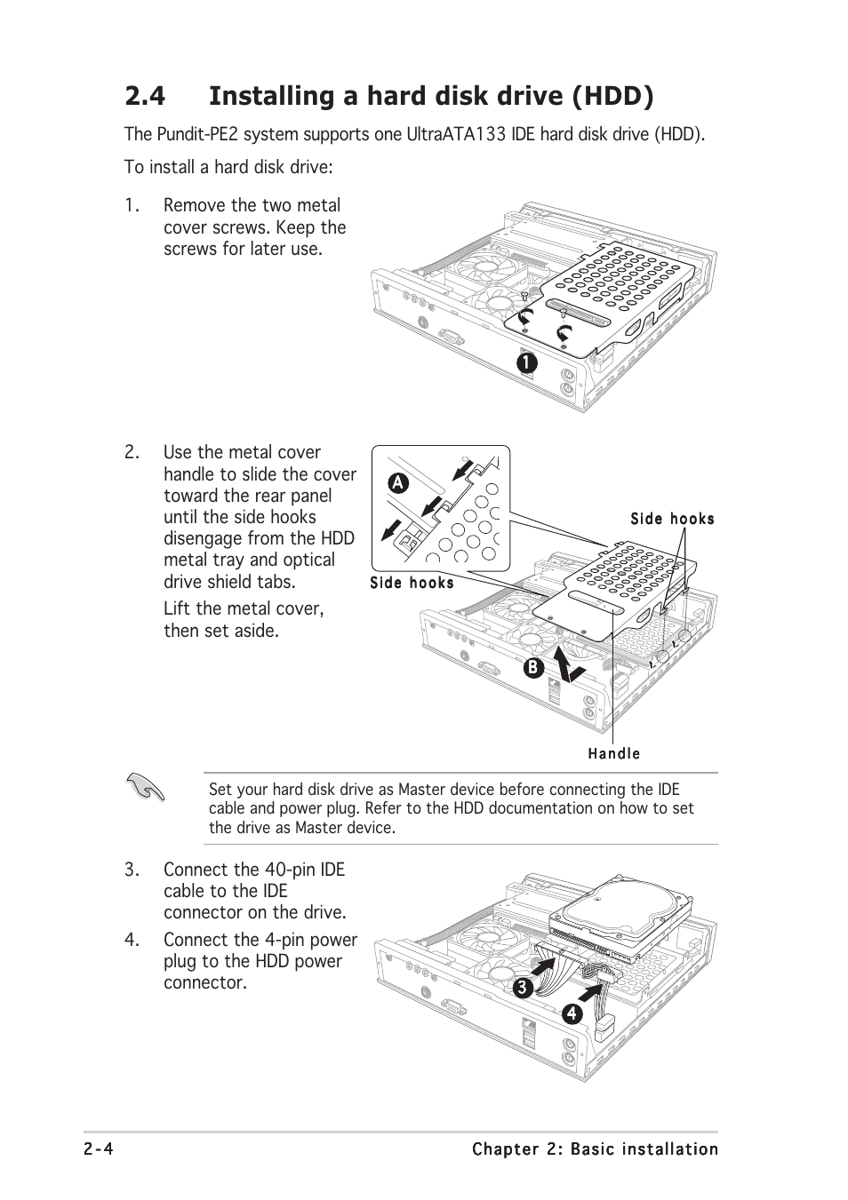 4 installing a hard disk drive (hdd) | Asus Pundit P2-PE2 User Manual | Page 20 / 72