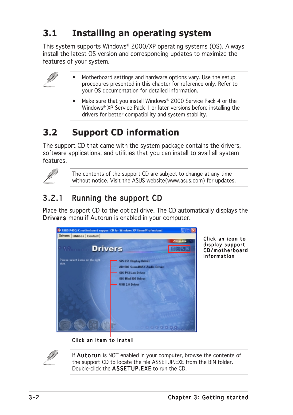 1 installing an operating system, 2support cd information | Asus Pundit P2-PE2 User Manual | Page 30 / 72