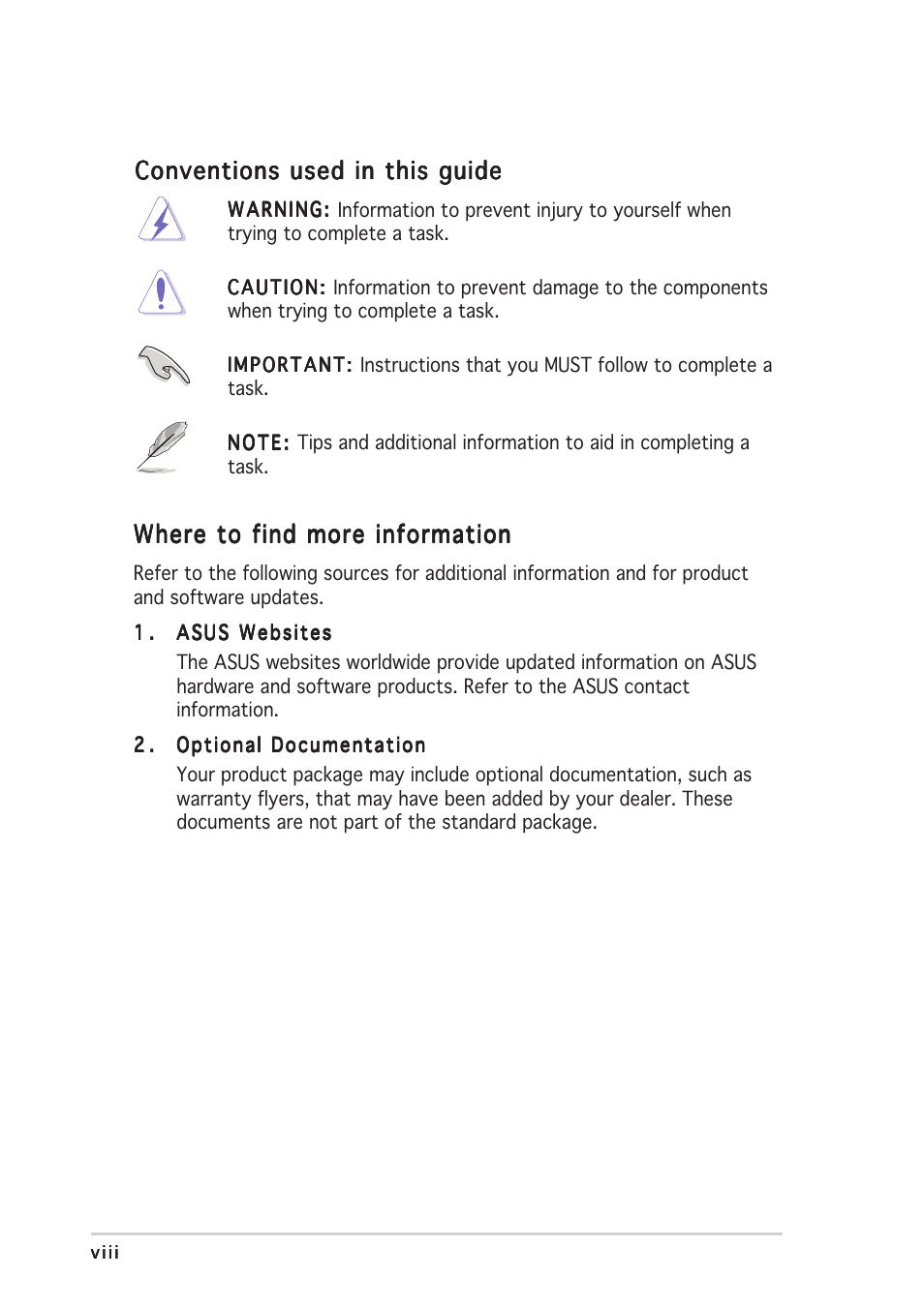 Conventions used in this guide, Where to find more information | Asus Pundit P2-PE2 User Manual | Page 8 / 72