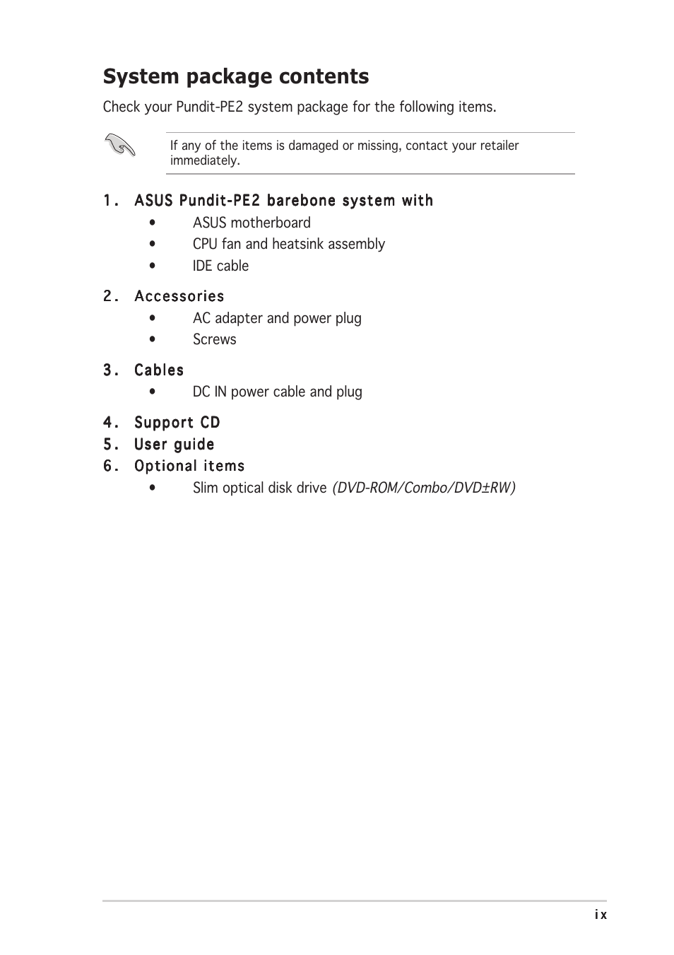 System package contents | Asus Pundit P2-PE2 User Manual | Page 9 / 72