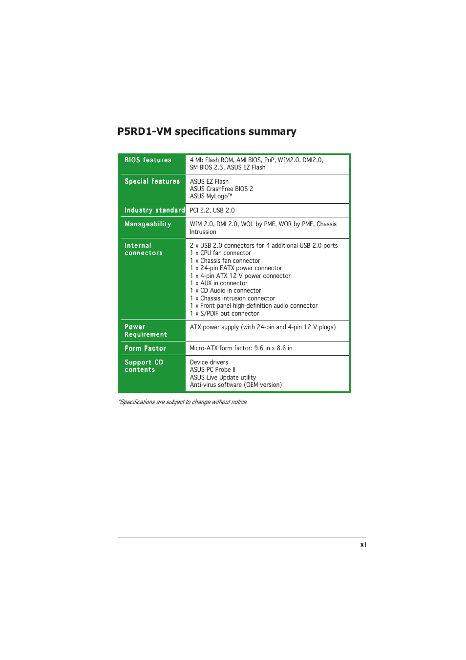 P5rd1-vm specifications summary | Asus P5RD1-VM User Manual | Page 11 / 94