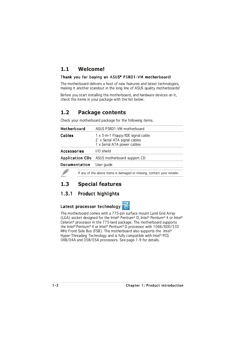 1 welcome, 2 package contents, 3 special features | Asus P5RD1-VM User Manual | Page 14 / 94