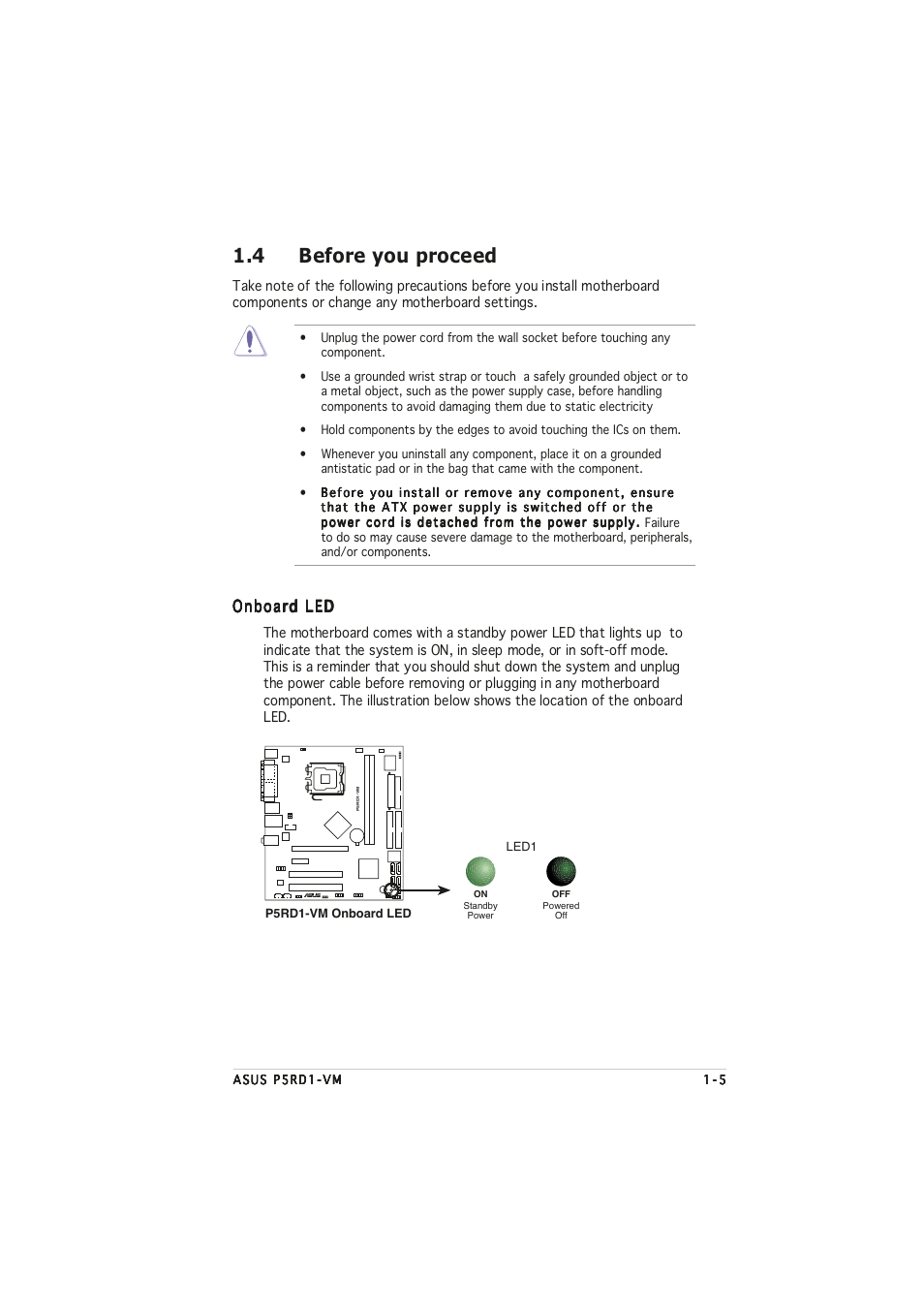 4 before you proceed, Onboard led | Asus P5RD1-VM User Manual | Page 17 / 94