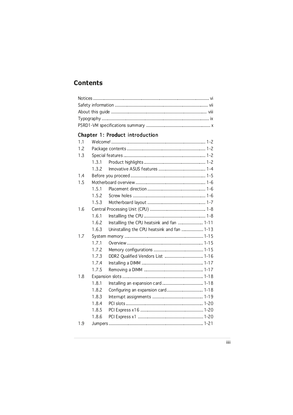 Asus P5RD1-VM User Manual | Page 3 / 94