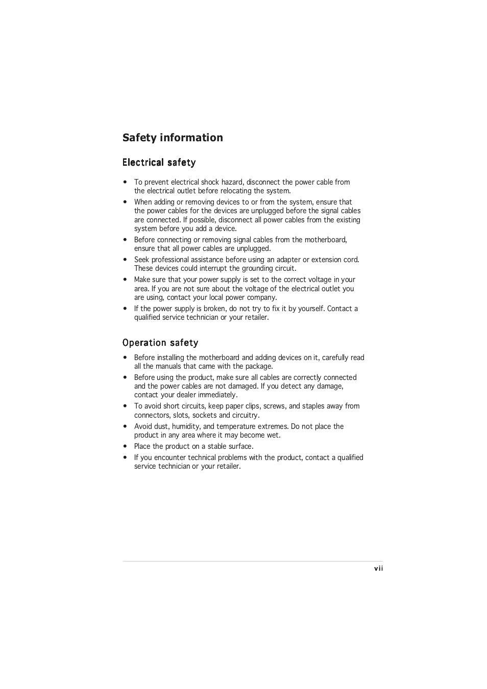 Safety information | Asus P5RD1-VM User Manual | Page 7 / 94