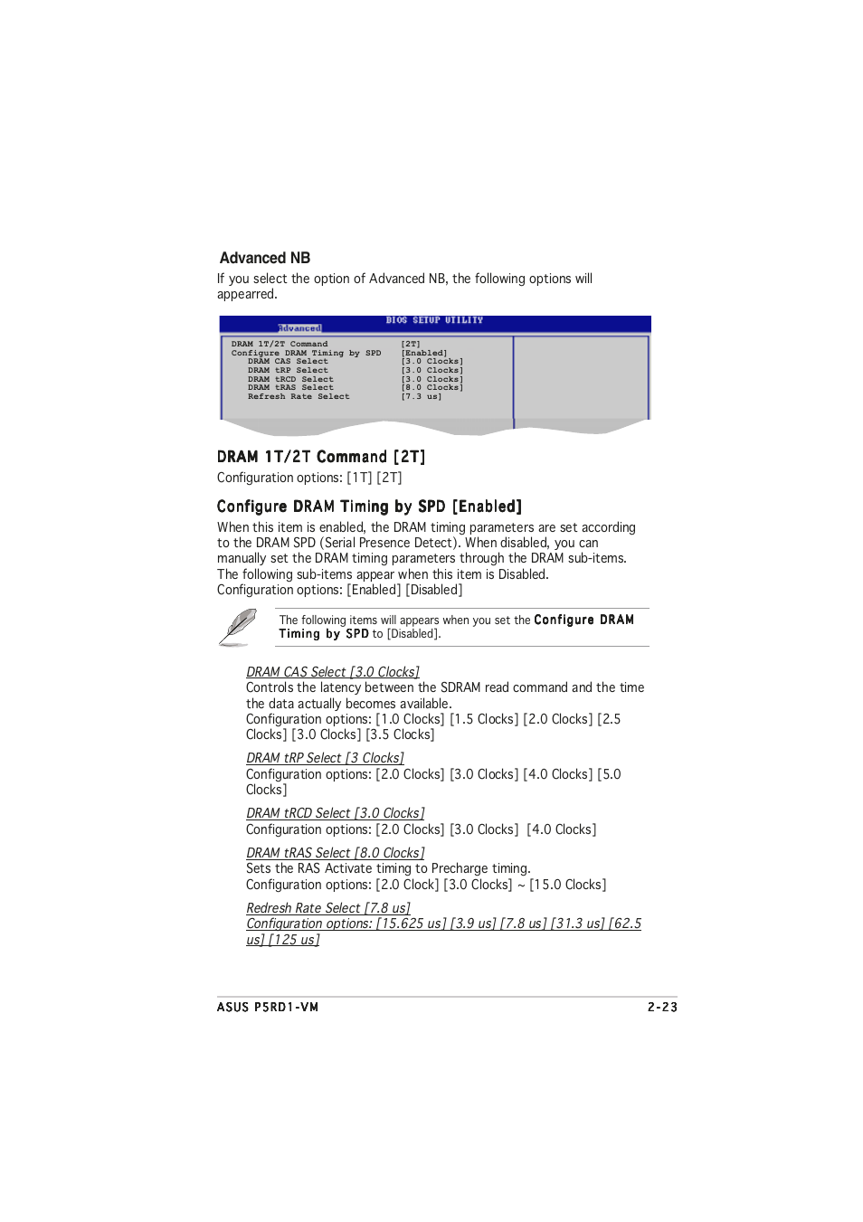 Advanced nb, Dram 1t/2t command [2t, Configure dram timing by spd [enabled | Asus P5RD1-VM User Manual | Page 71 / 94