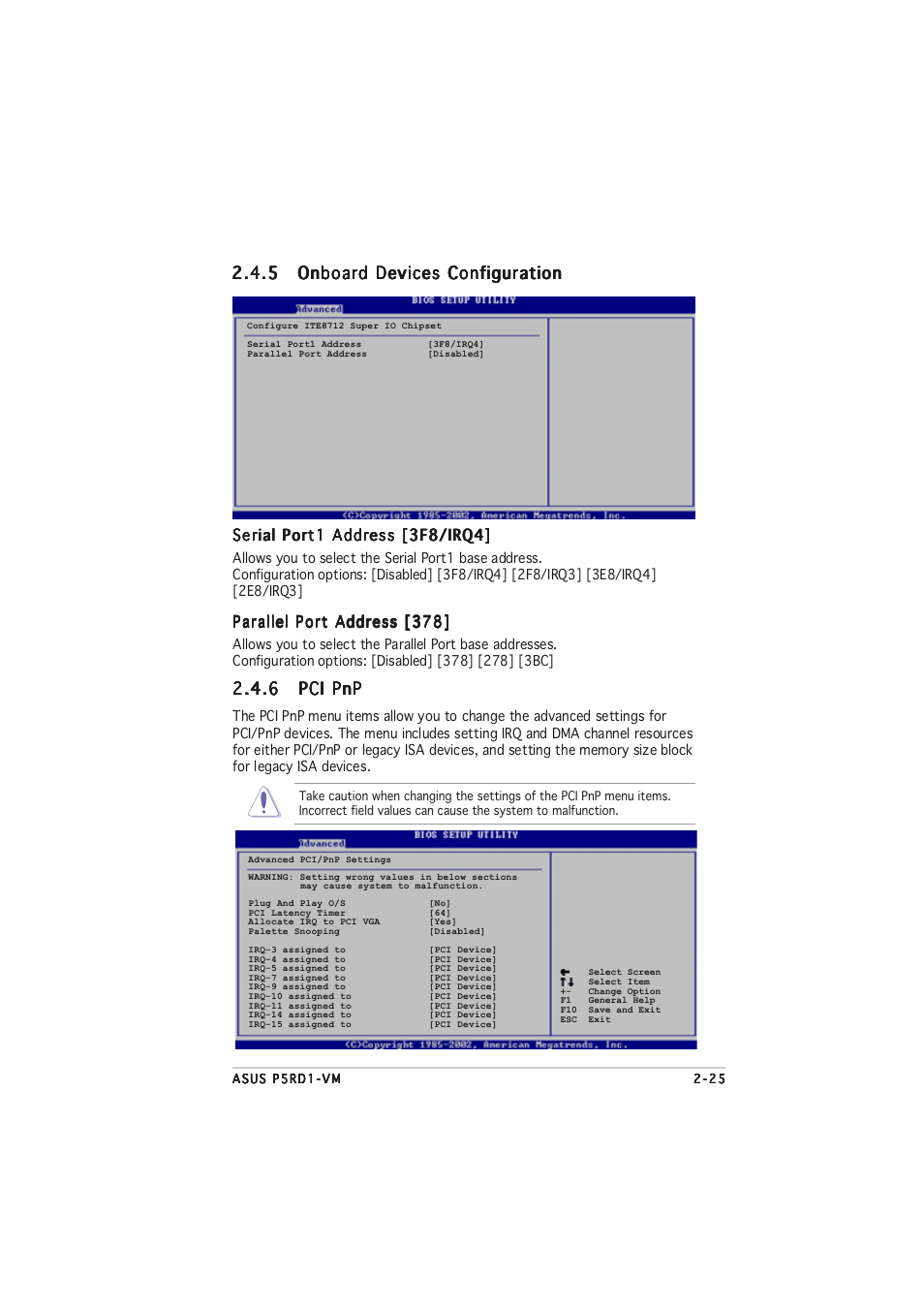 6 pci pnp pci pnp pci pnp pci pnp pci pnp, Serial port1 address [3f8/irq4, Parallel port address [378 | Asus P5RD1-VM User Manual | Page 73 / 94