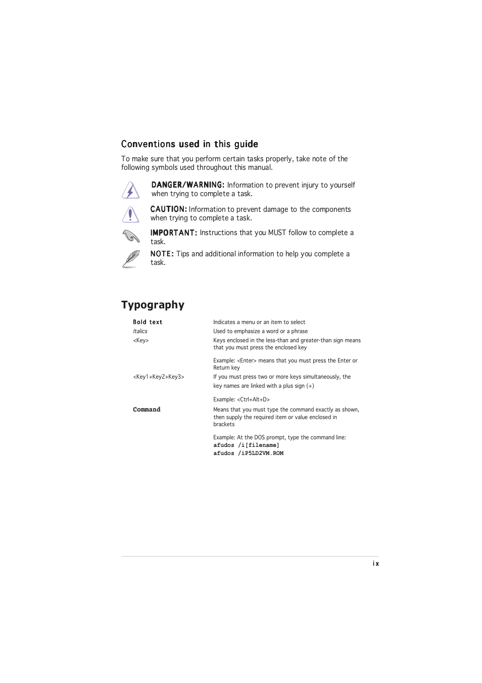 Typography, Conventions used in this guide | Asus P5RD1-VM User Manual | Page 9 / 94