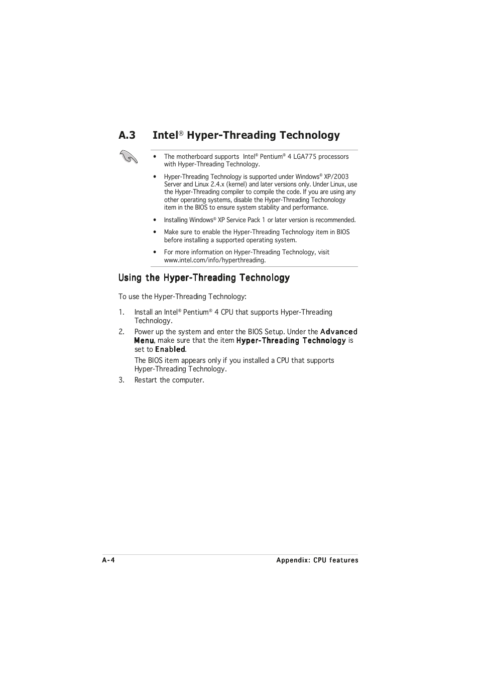 A.3 intel, Hyper-threading technology, Using the hyper-threading technology | Asus P5RD1-VM User Manual | Page 94 / 94