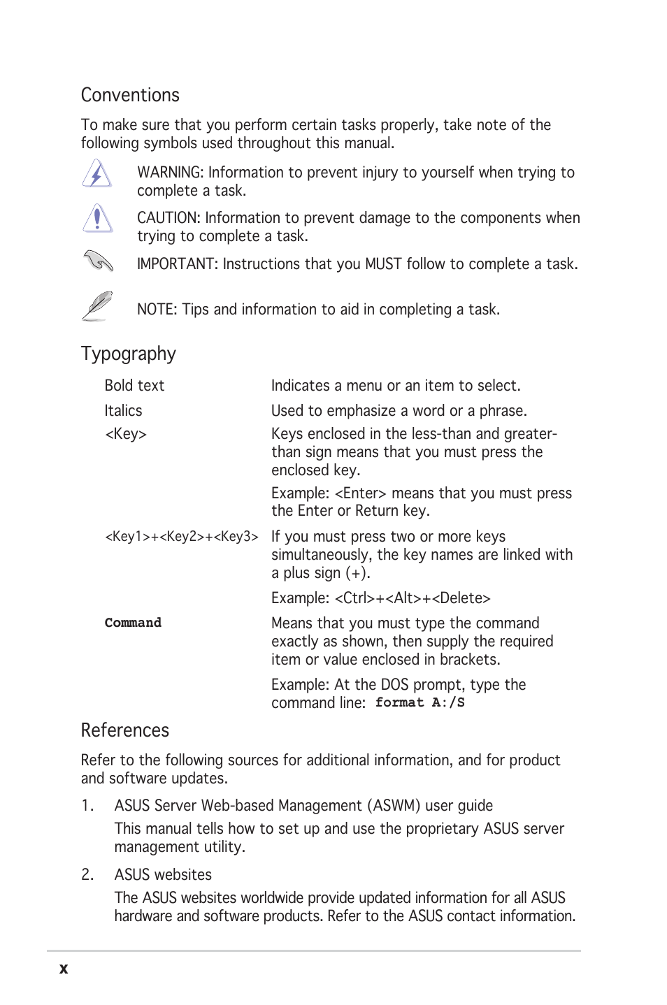References, Conventions, Typography | Asus RS100-E4/PI2 User Manual | Page 10 / 156