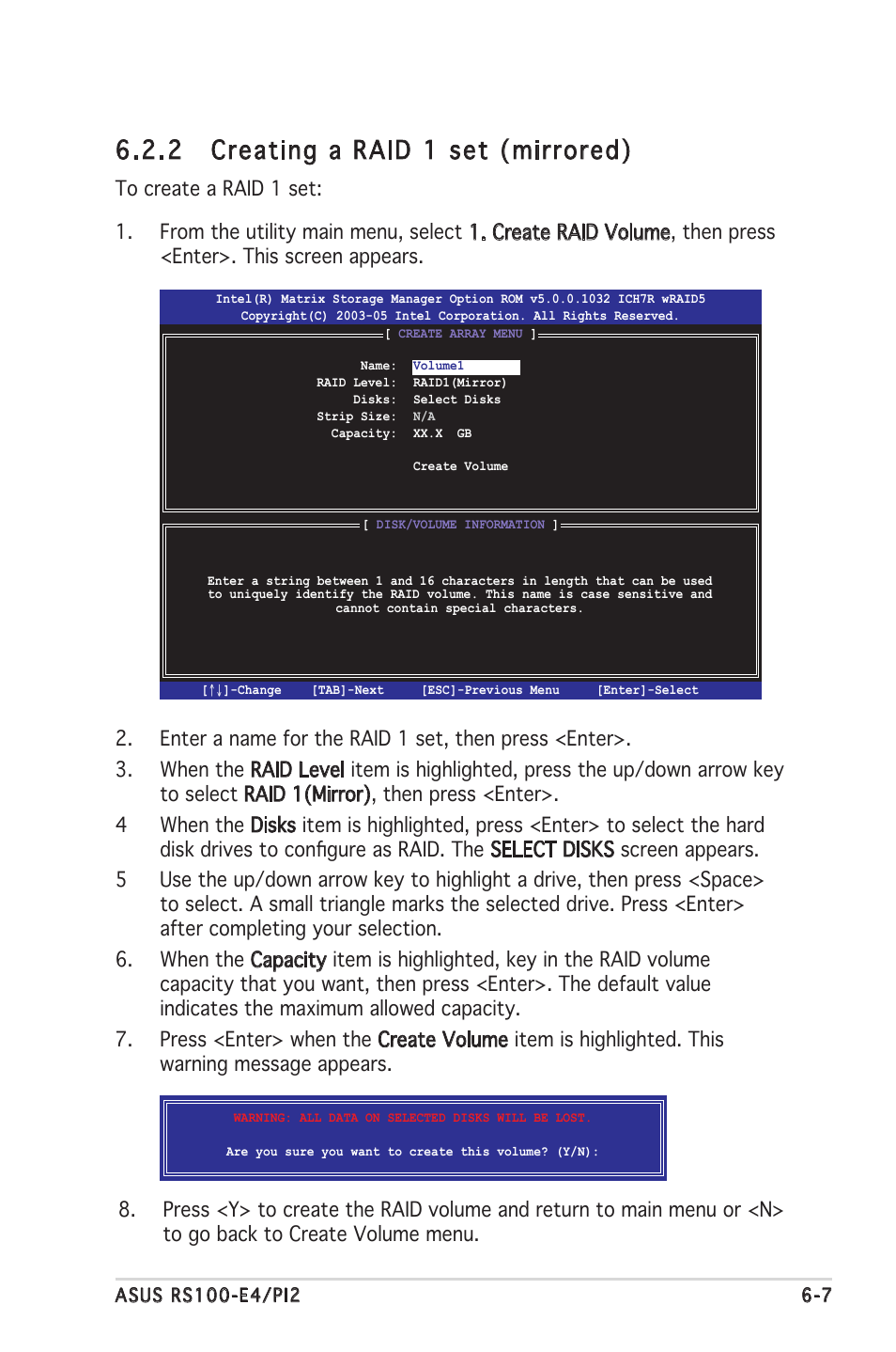 2 creating a raid 1 set (mirrored) | Asus RS100-E4/PI2 User Manual | Page 105 / 156