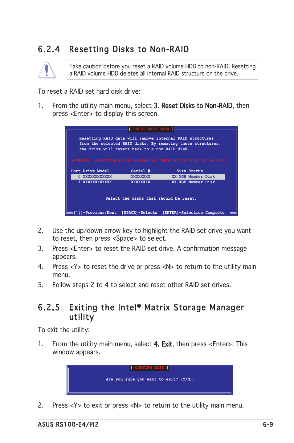 5 exiting the intel, Matrix storage manager utility, 4 resetting disks to non-raid | Asus RS100-E4/PI2 User Manual | Page 107 / 156