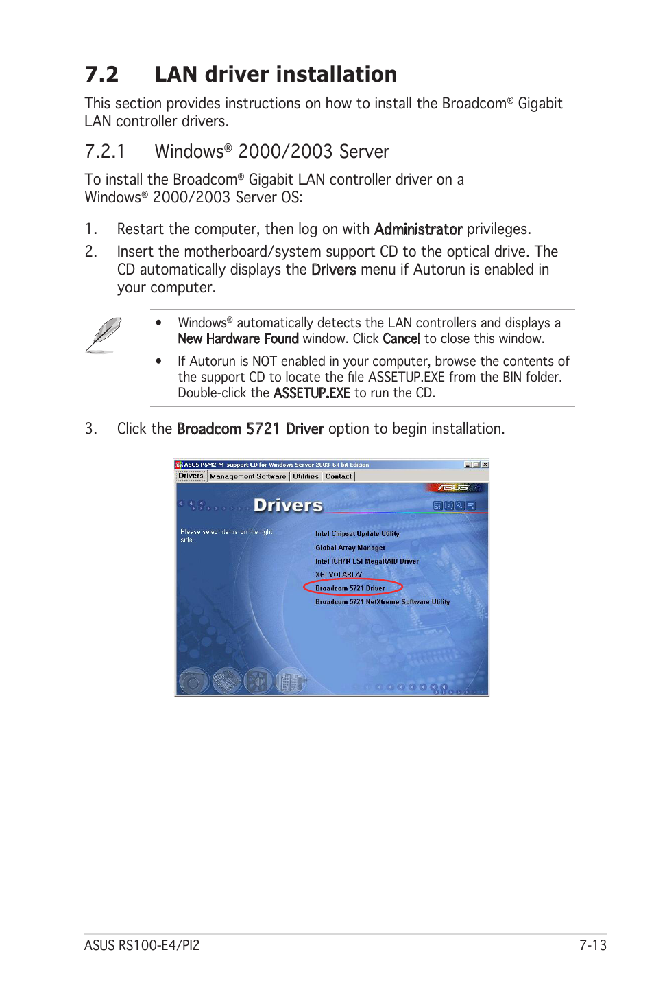 2 lan driver installation, 1 windows | Asus RS100-E4/PI2 User Manual | Page 145 / 156