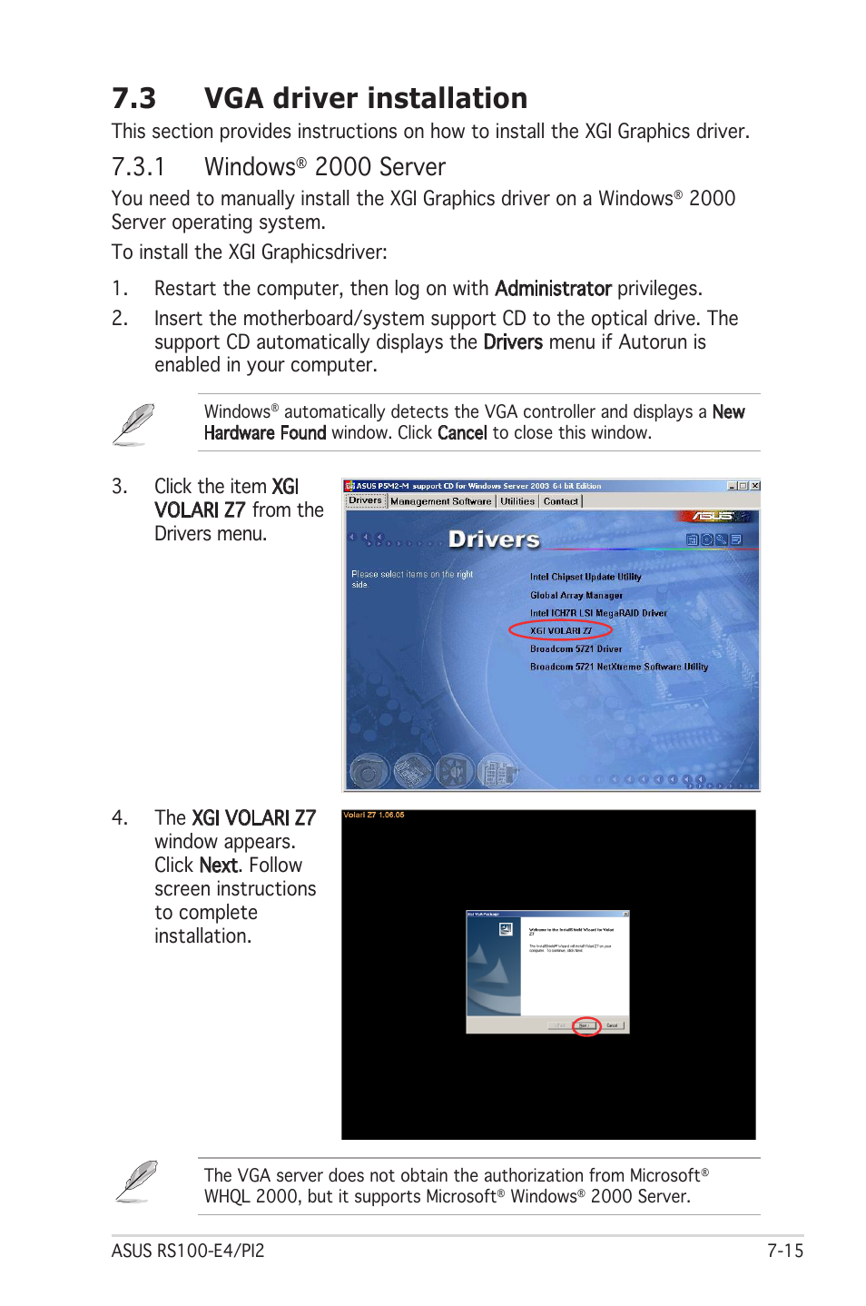 3 vga driver installation, 1 windows, 2000 server | Asus RS100-E4/PI2 User Manual | Page 147 / 156