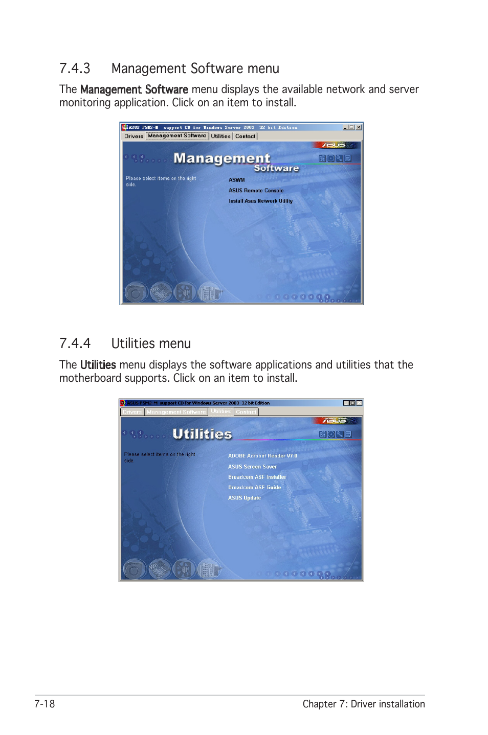3 management software menu, 4 utilities menu | Asus RS100-E4/PI2 User Manual | Page 150 / 156