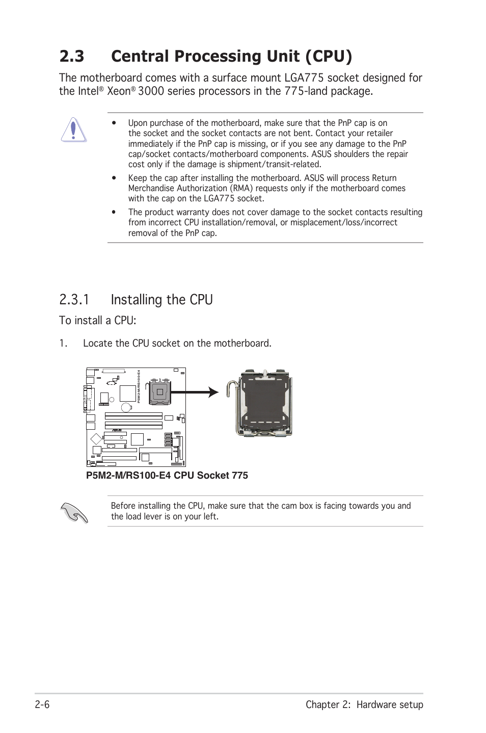 3 central processing unit (cpu), 1 installing the cpu | Asus RS100-E4/PI2 User Manual | Page 22 / 156