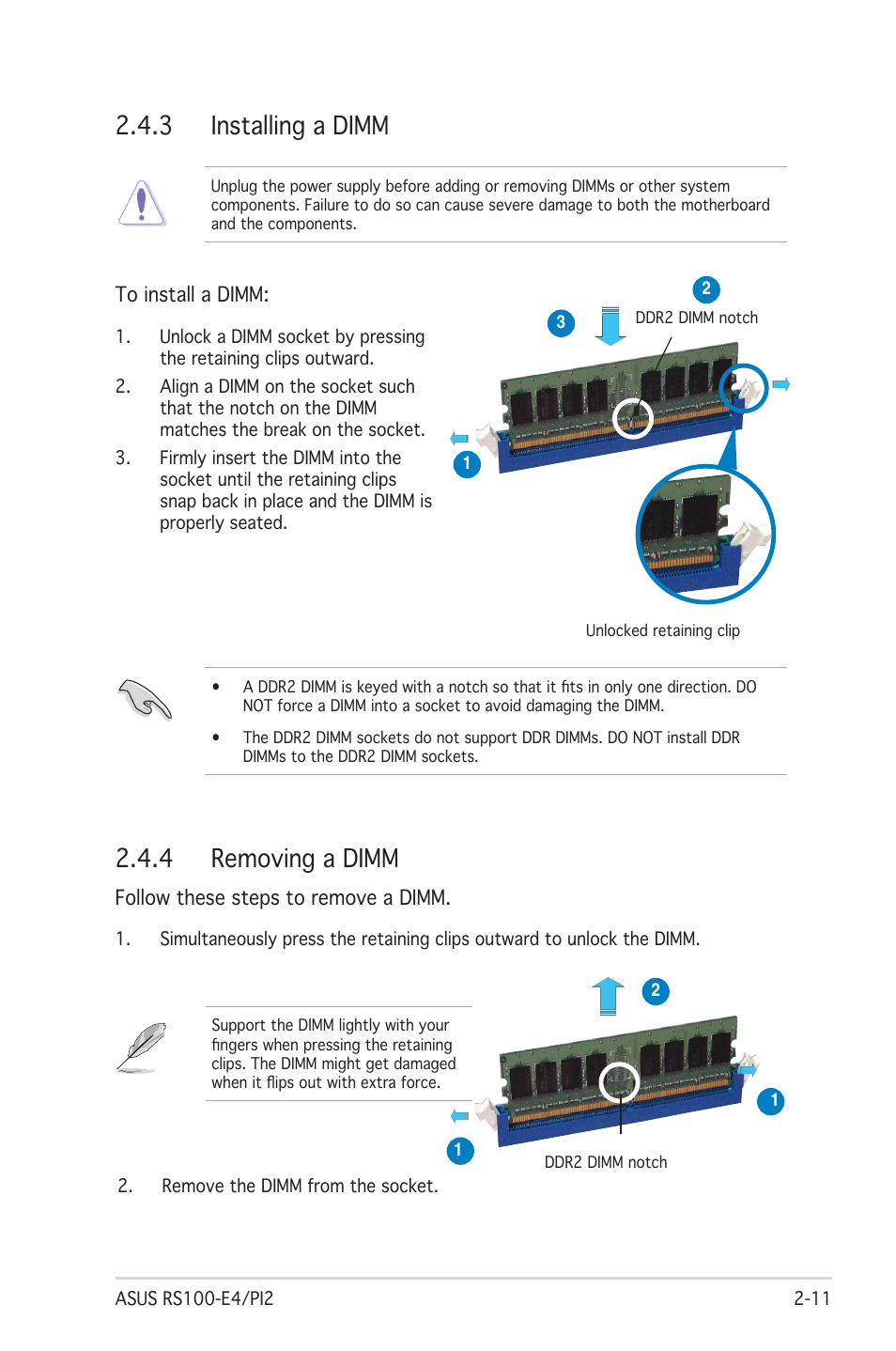 3 installing a dimm, 4 removing a dimm | Asus RS100-E4/PI2 User Manual | Page 27 / 156