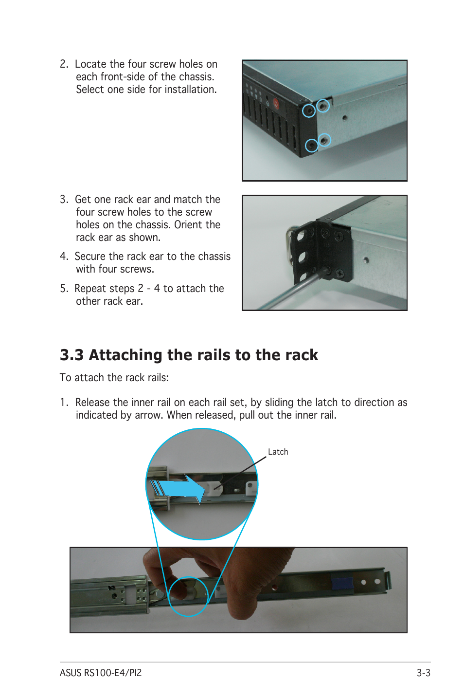3 attaching the rails to the rack | Asus RS100-E4/PI2 User Manual | Page 37 / 156