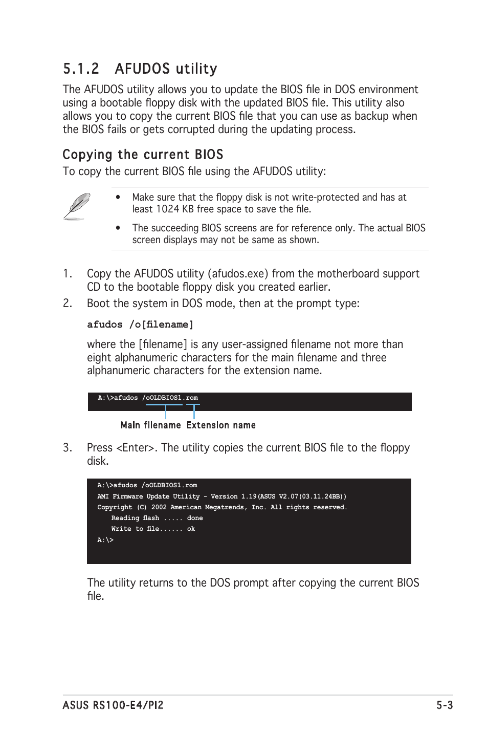 2 afudos utility, Copying the current bios | Asus RS100-E4/PI2 User Manual | Page 63 / 156
