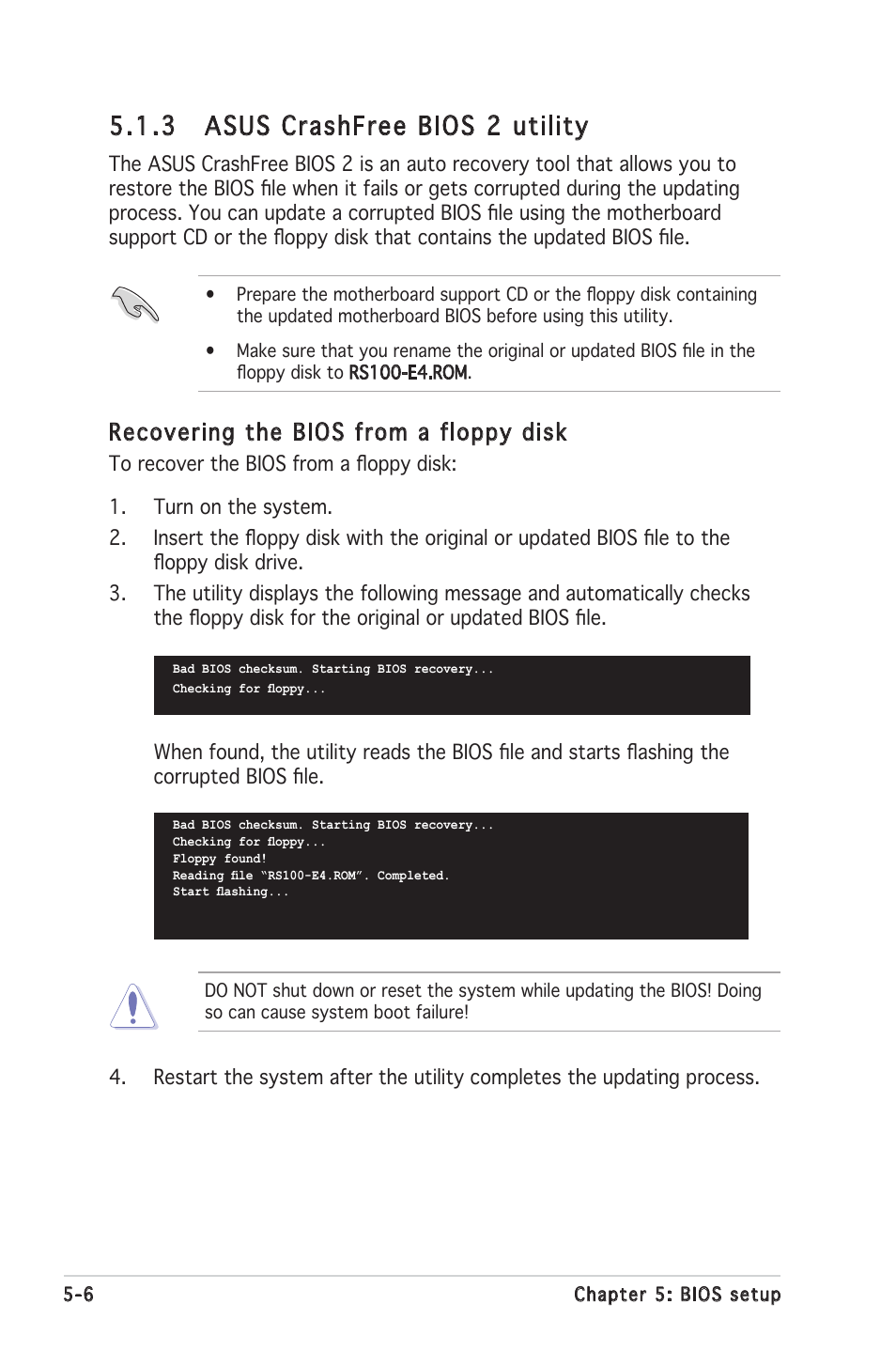 3 asus crashfree bios 2 utility, Recovering the bios from a floppy disk | Asus RS100-E4/PI2 User Manual | Page 66 / 156