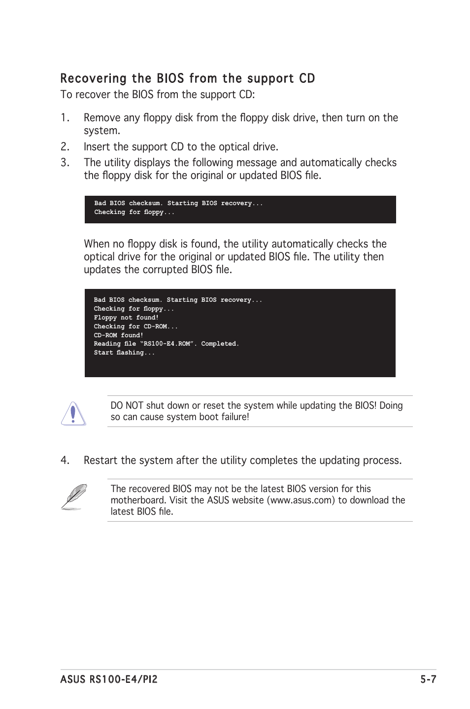 Recovering the bios from the support cd | Asus RS100-E4/PI2 User Manual | Page 67 / 156