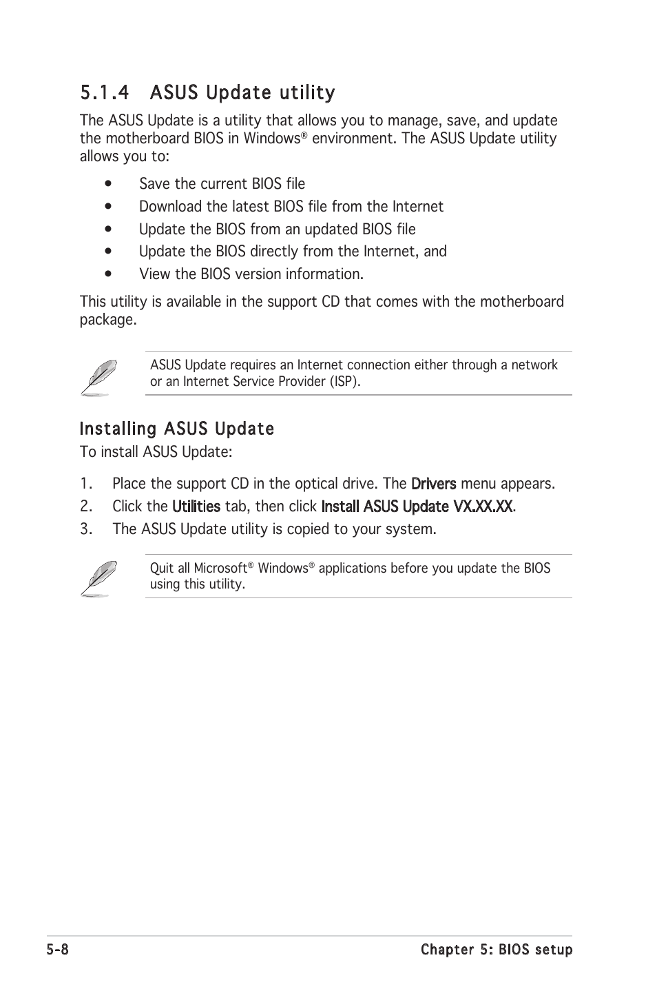 4 asus update utility, Installing asus update | Asus RS100-E4/PI2 User Manual | Page 68 / 156