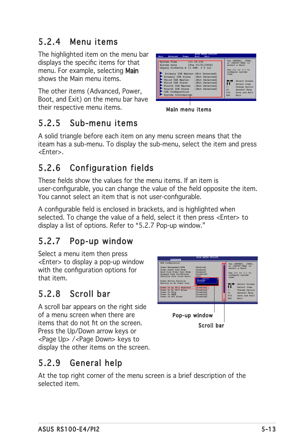 4 menu items, 5 sub-menu items, 6 configuration fields | 7 pop-up window, 8 scroll bar, 9 general help, Main menu items, Scroll bar pop-up window | Asus RS100-E4/PI2 User Manual | Page 73 / 156