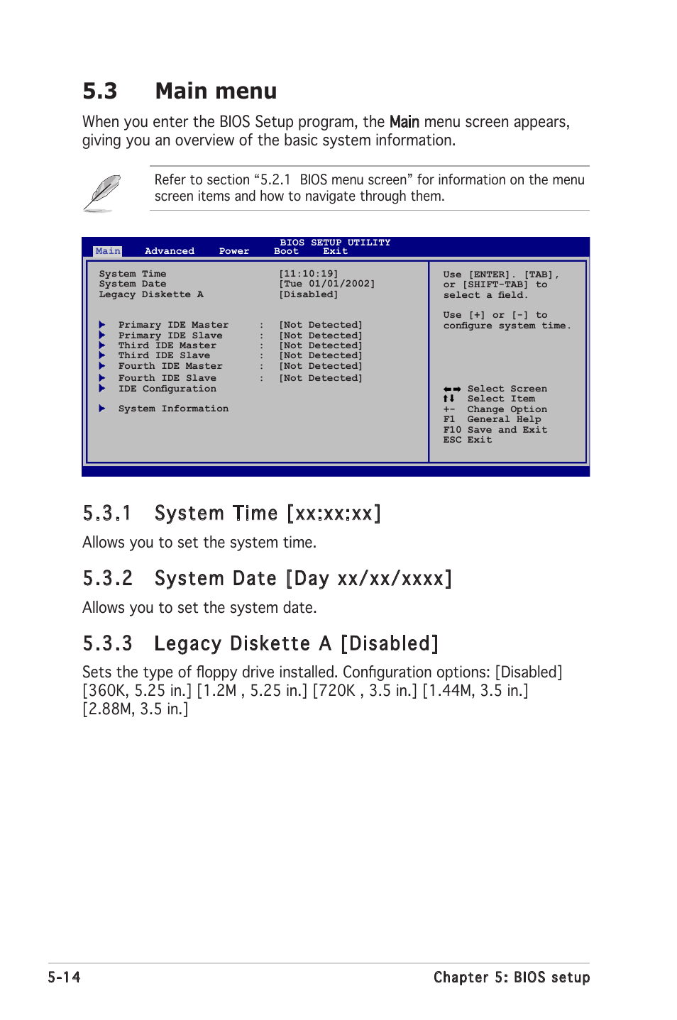 3 main menu, 1 system time [xx:xx:xx, 3 legacy diskette a [disabled | Allows you to set the system time, Allows you to set the system date | Asus RS100-E4/PI2 User Manual | Page 74 / 156