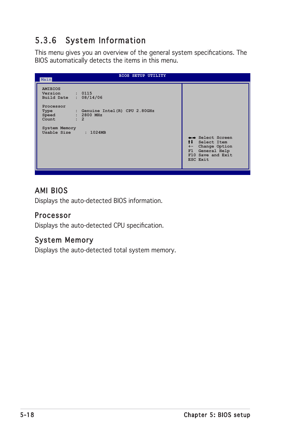6 system information, Ami bios, Processor | Displays the auto-detected bios information, Displays the auto-detected cpu specification | Asus RS100-E4/PI2 User Manual | Page 78 / 156