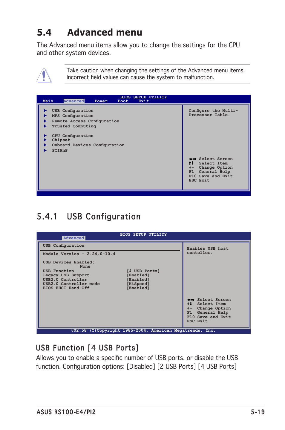 4 advanced menu, 1 usb configuration, Usb function [4 usb ports | Asus RS100-E4/PI2 User Manual | Page 79 / 156