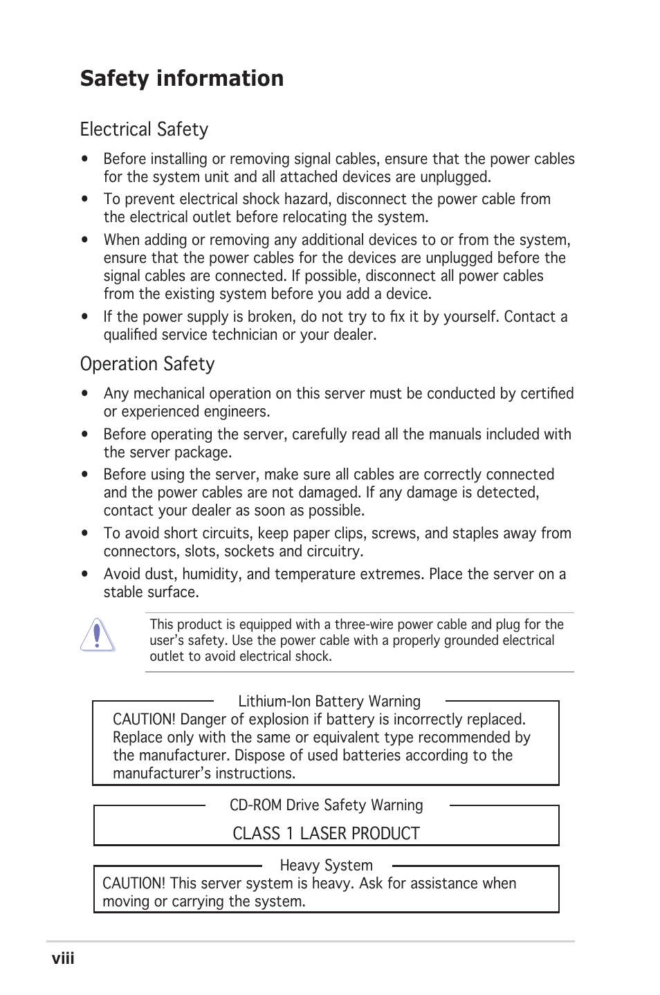 Safety information, Electrical safety, Operation safety | Asus RS100-E4/PI2 User Manual | Page 8 / 156