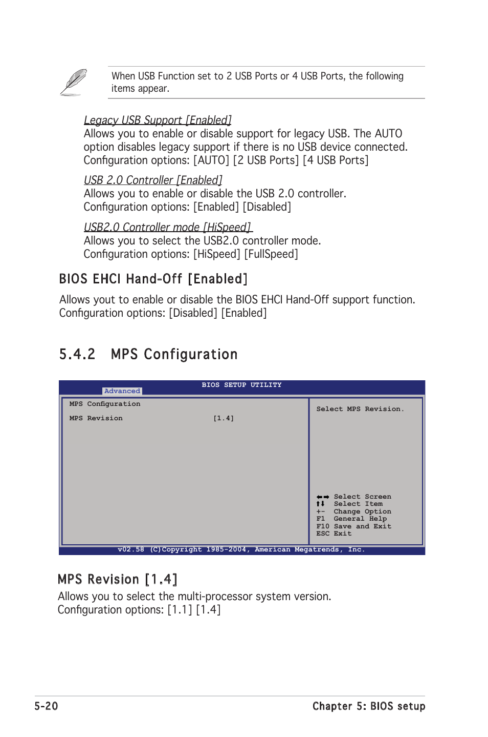 2 mps configuration, Mps revision [1.4, Bios ehci hand-off [enabled | Asus RS100-E4/PI2 User Manual | Page 80 / 156
