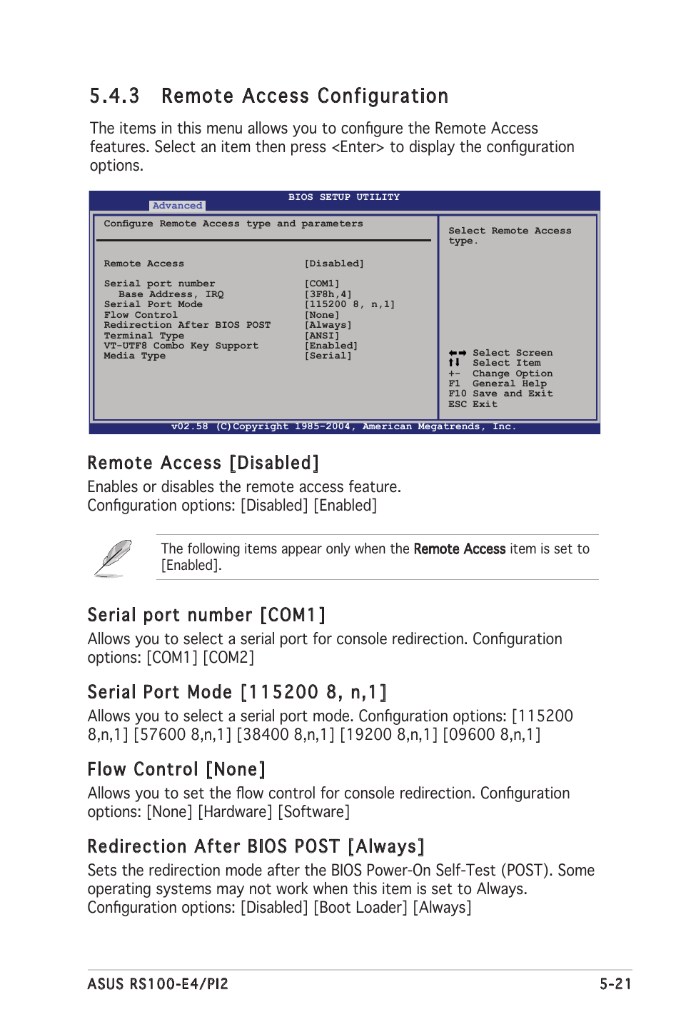 3 remote access configuration, Remote access [disabled, Serial port number [com1 | Flow control [none, Redirection after bios post [always | Asus RS100-E4/PI2 User Manual | Page 81 / 156