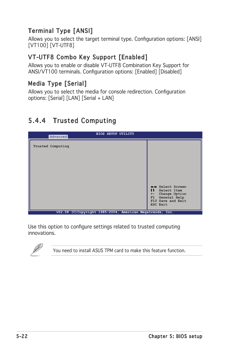 4 trusted computing, Terminal type [ansi, Vt-utf8 combo key support [enabled | Media type [serial | Asus RS100-E4/PI2 User Manual | Page 82 / 156