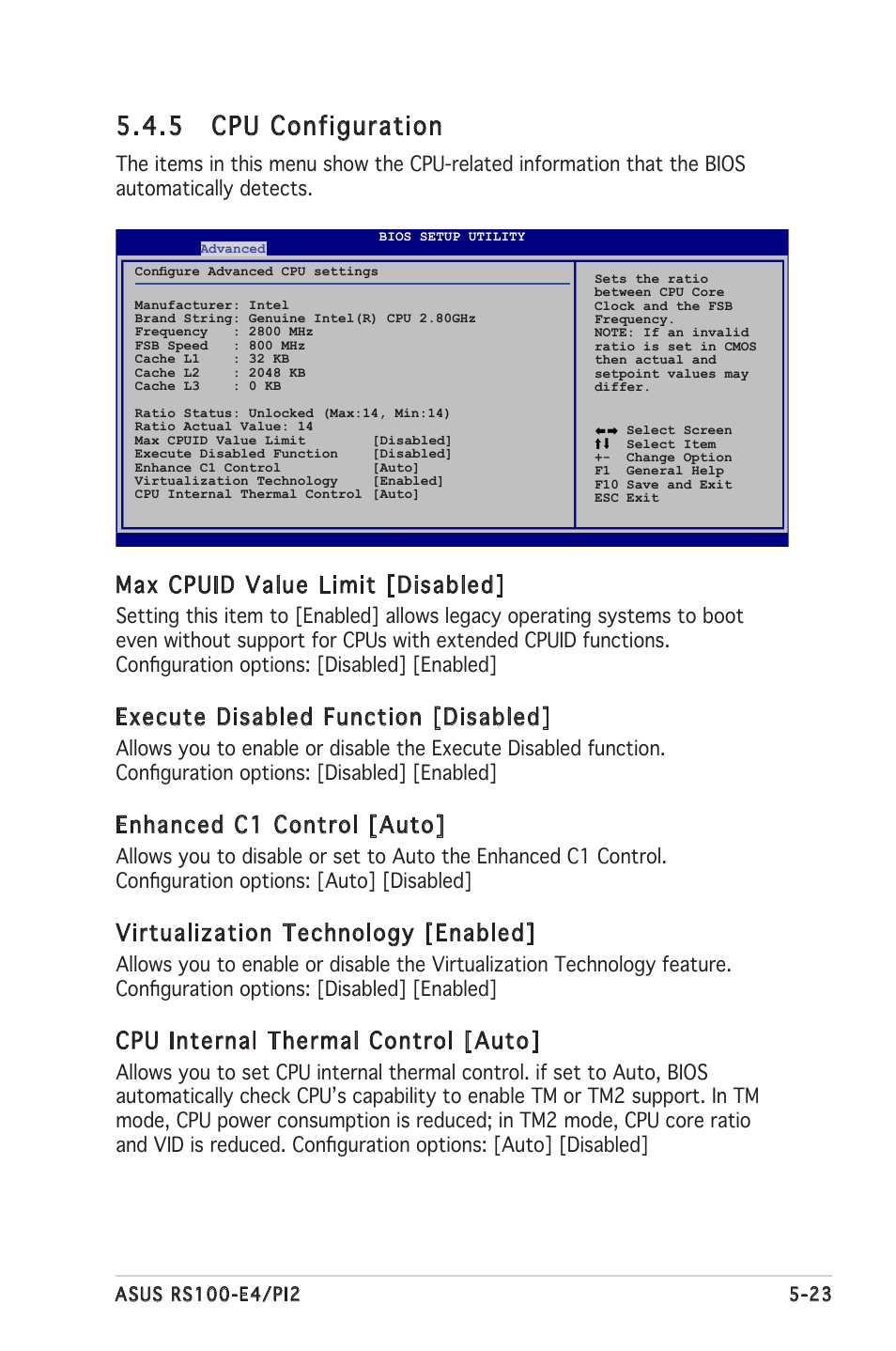 5 cpu configuration, Max cpuid value limit [disabled, Execute disabled function [disabled | Enhanced c1 control [auto, Virtualization technology [enabled, Cpu internal thermal control [auto | Asus RS100-E4/PI2 User Manual | Page 83 / 156