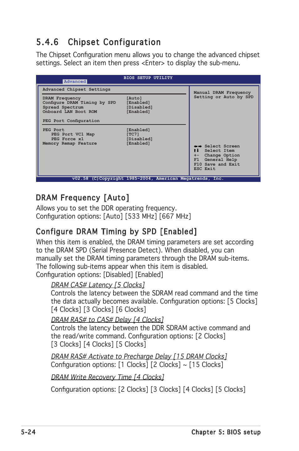 6 chipset configuration, Dram frequency [auto, Configure dram timing by spd [enabled | Asus RS100-E4/PI2 User Manual | Page 84 / 156