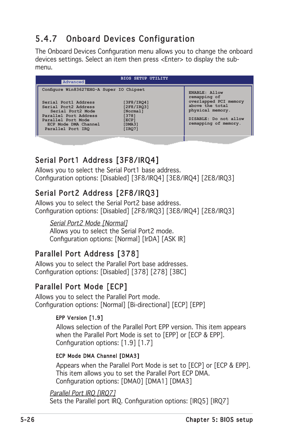 7 onboard devices configuration, Serial port1 address [3f8/irq4, Serial port2 address [2f8/irq3 | Parallel port address [378, Parallel port mode [ecp | Asus RS100-E4/PI2 User Manual | Page 86 / 156