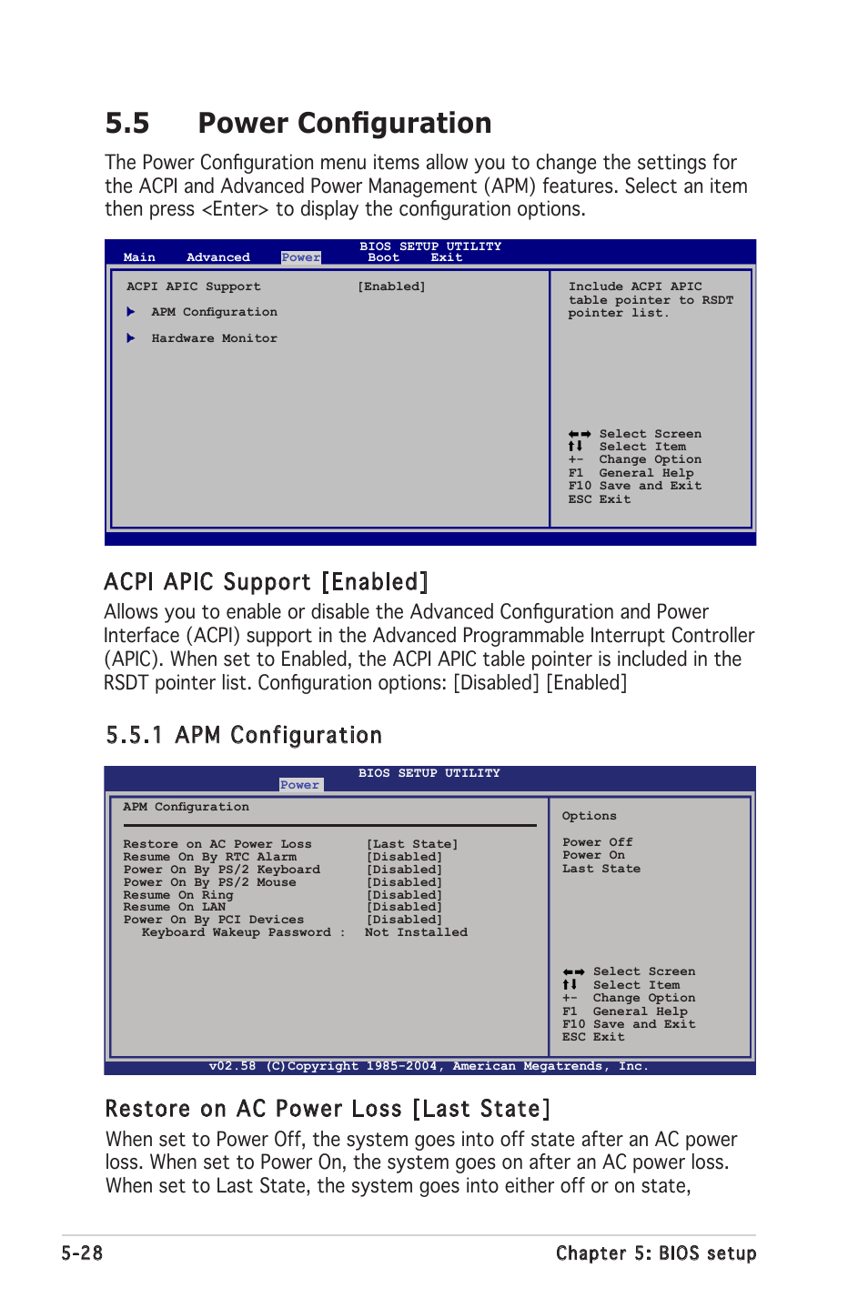 5 power configuration, Acpi apic support [enabled | Asus RS100-E4/PI2 User Manual | Page 88 / 156