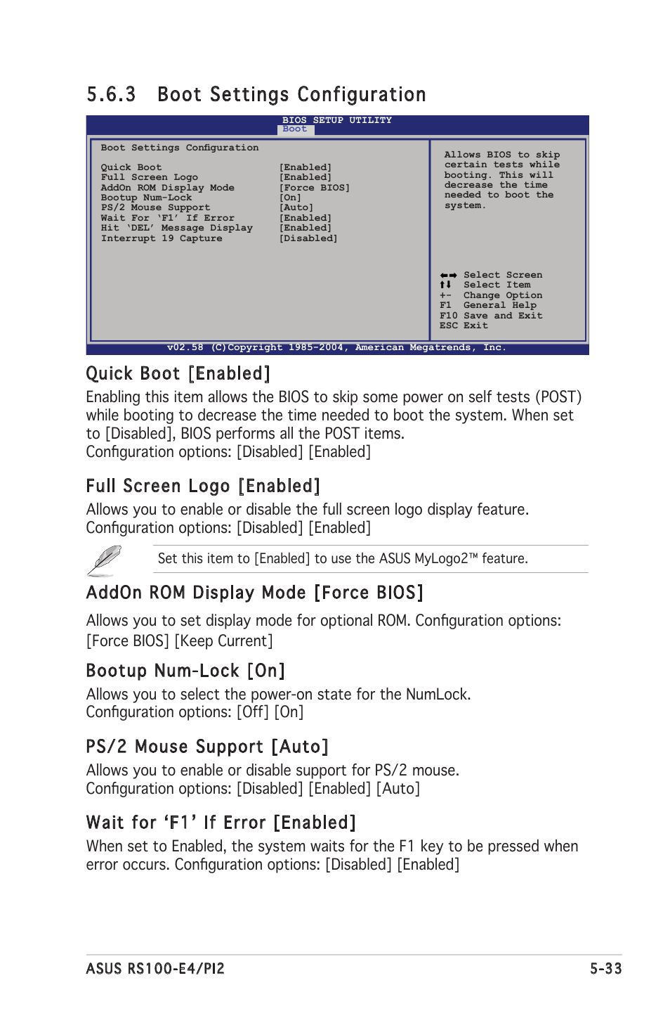 3 boot settings configuration, Quick boot [enabled, Full screen logo [enabled | Addon rom display mode [force bios, Bootup num-lock [on, Ps/2 mouse support [auto, Wait for ‘f1’ if error [enabled | Asus RS100-E4/PI2 User Manual | Page 93 / 156