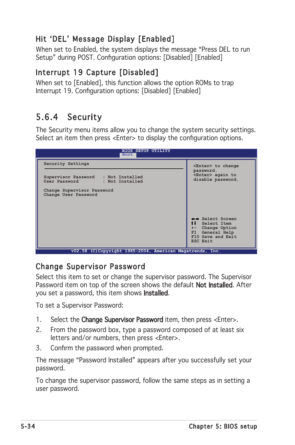 4 security, Hit ‘del’ message display [enabled, Interrupt 19 capture [disabled | Change supervisor password | Asus RS100-E4/PI2 User Manual | Page 94 / 156