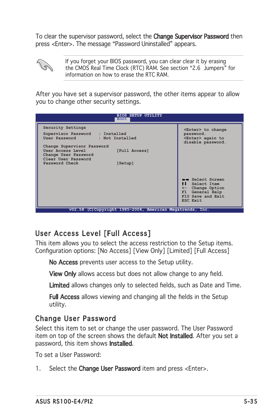 User access level [full access, Change user password | Asus RS100-E4/PI2 User Manual | Page 95 / 156