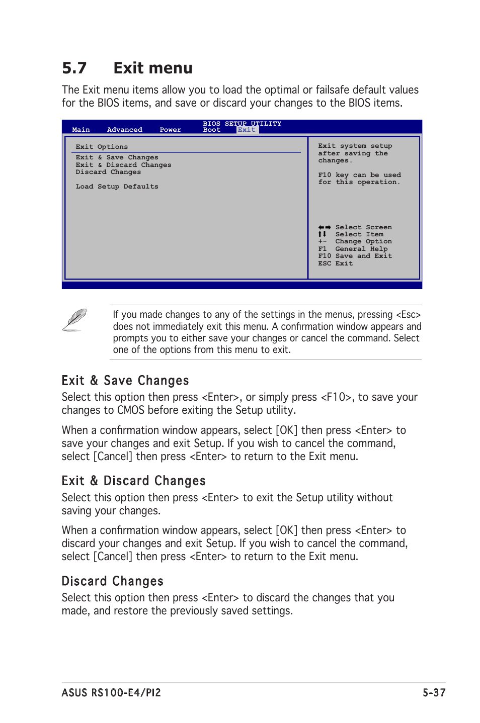 7 exit menu, Exit & save changes, Exit & discard changes | Discard changes | Asus RS100-E4/PI2 User Manual | Page 97 / 156